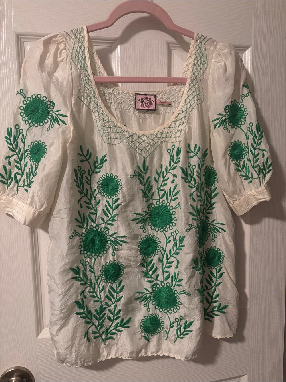 Juicy Couture White Tunic with Green Floral Embroidery